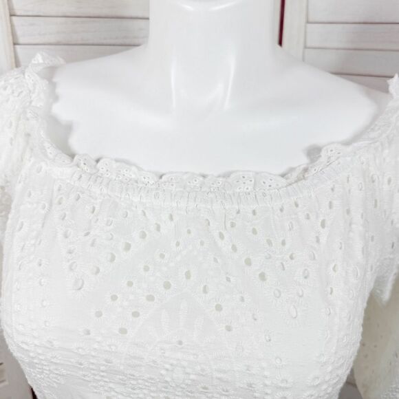 Betsey Johnson Eyelet Off The Shoulder Smocked Waist Midi Dress White Large - Picture 6 of 14